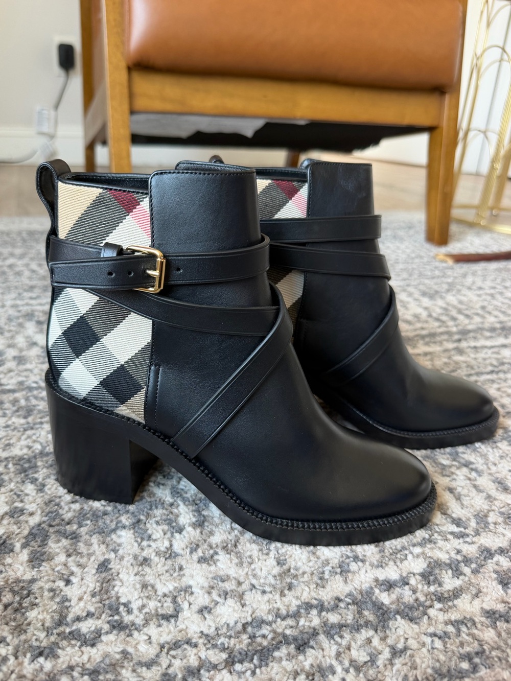 Burberry Black Leather Ankle Boots with Vintage Check Panels & Buckle Strap